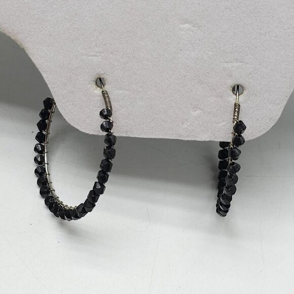 Black Beaded Hoop Earrings With Silver Accents 2 in - Picture 2 of 4